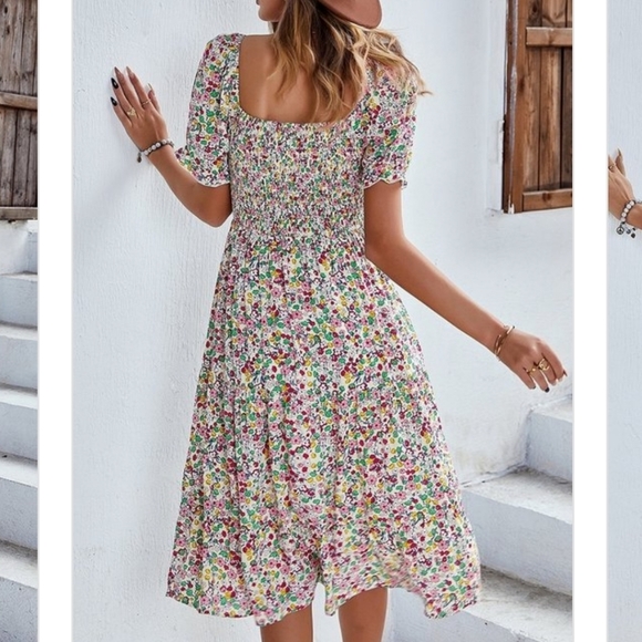 Boutique Boho Summer Floral Midi Dress Ruffle Calico Smocking Bohemian Spring - Picture 2 of 15